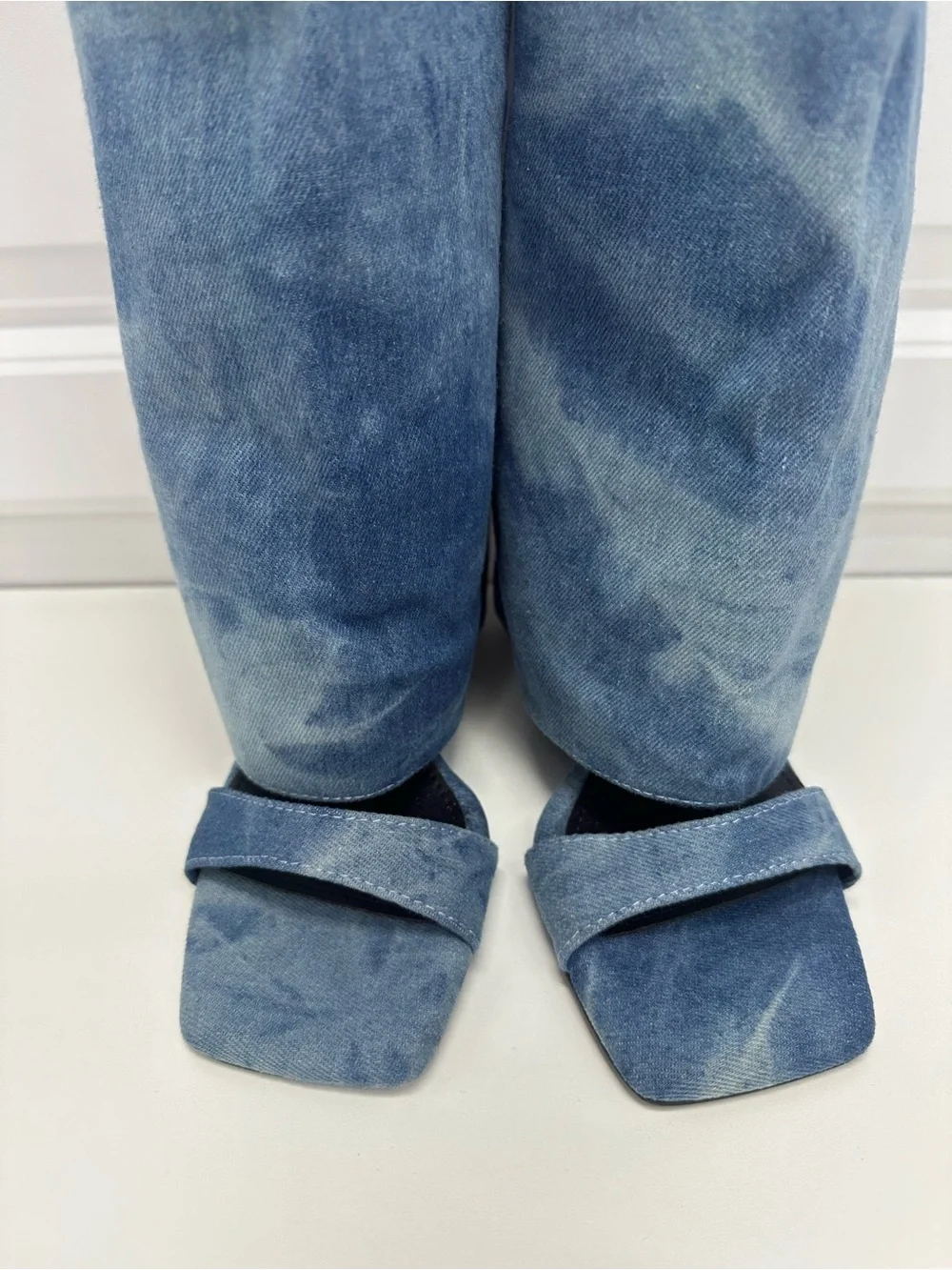 NIB Azalea Wang Marietta Denim Fold Over Open Toe Wedge Boots Tie Dye Size 9